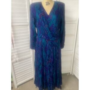 Vintage 80s Saks Fifth Avenue Rayon Jewel Tone Paisley Dress Fit Flare Wrap Lrg